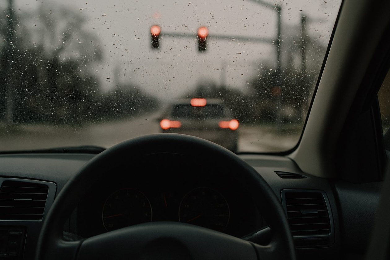 The view from a driver's seat through a rain-speckled windshield, a red traffic light and brake lights ahead, the dashboard dark