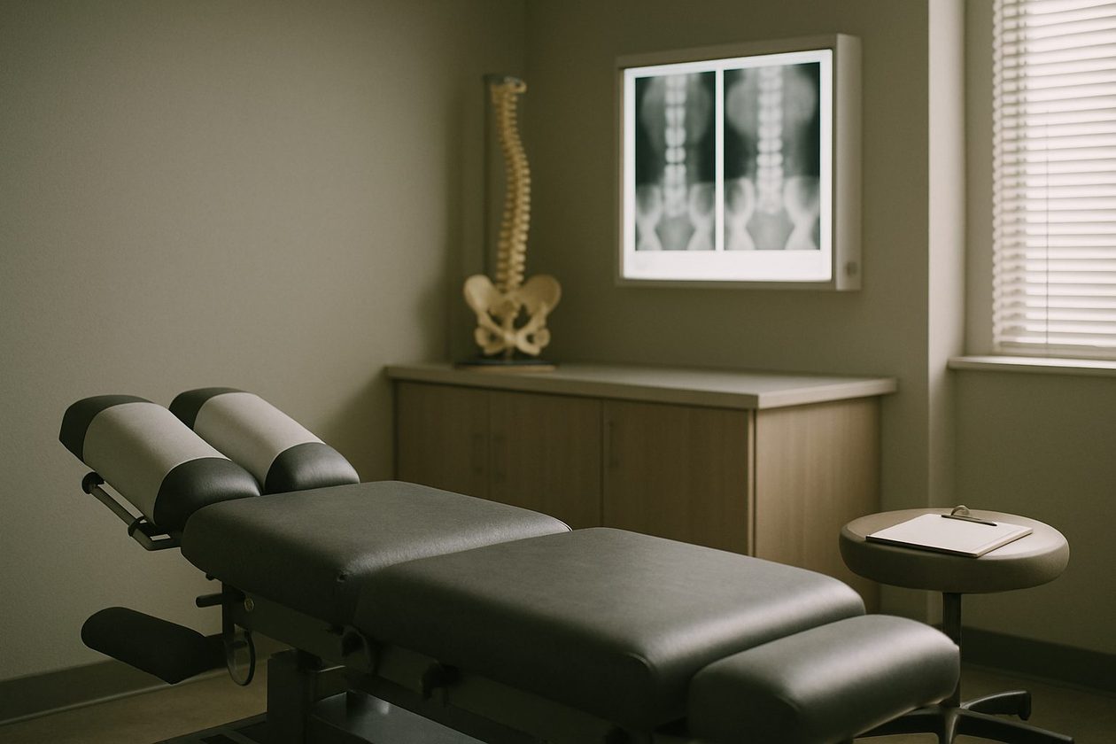 A quiet chiropractic exam room with an adjustable treatment table, a spine model on the counter, and an x-ray lightbox glowing on the wall