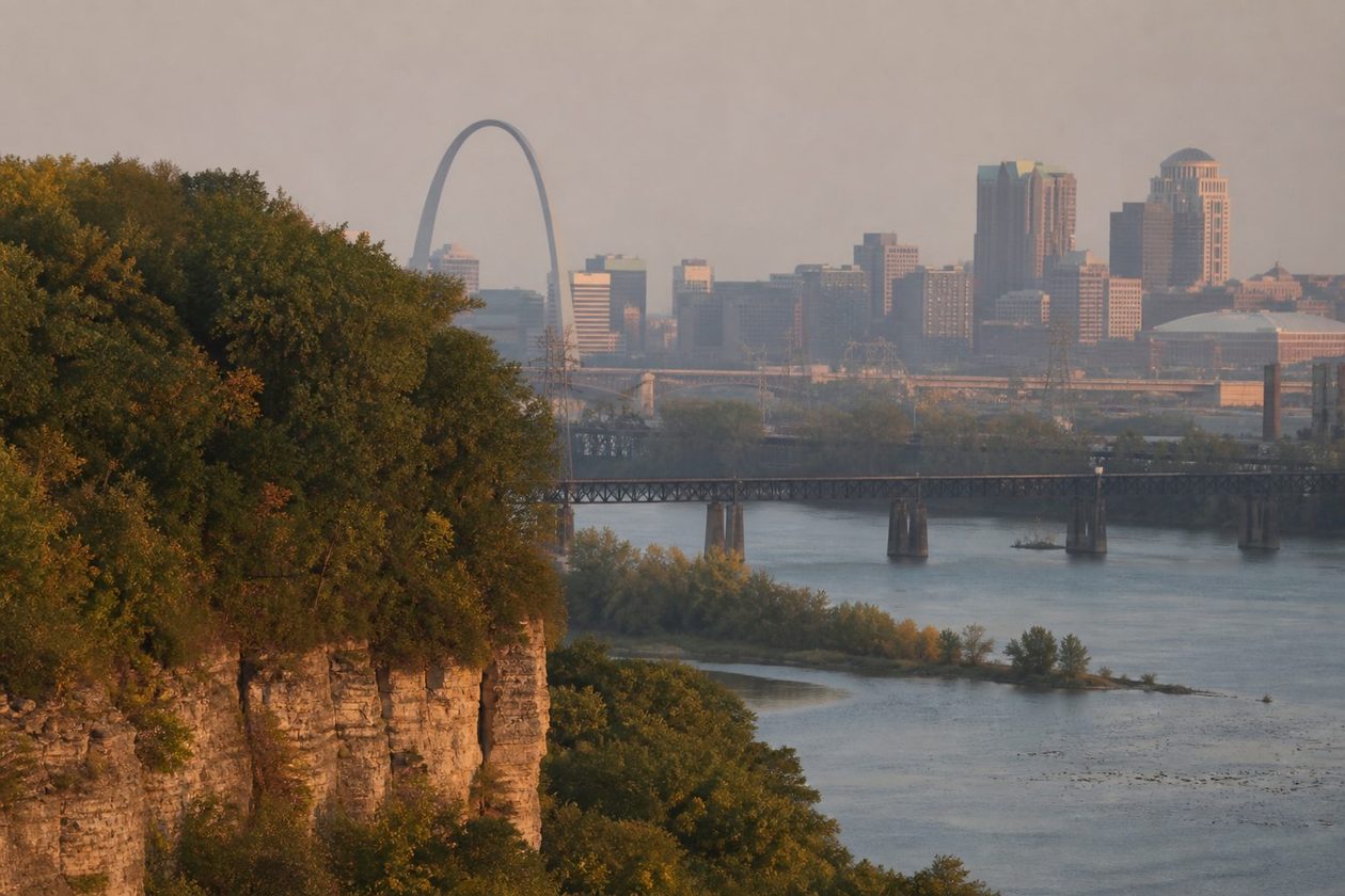Downtown St. Louis and the Gateway Arch seen through morning haze from the wooded river bluffs south of the city