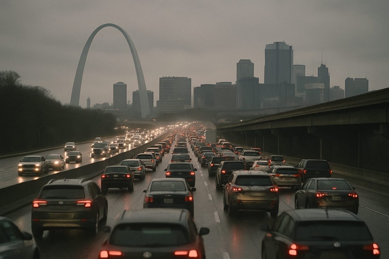 Stop-and-go morning traffic with brake lights on Interstate 55 approaching downtown St. Louis under an overcast sky, the Arch faint in the distance