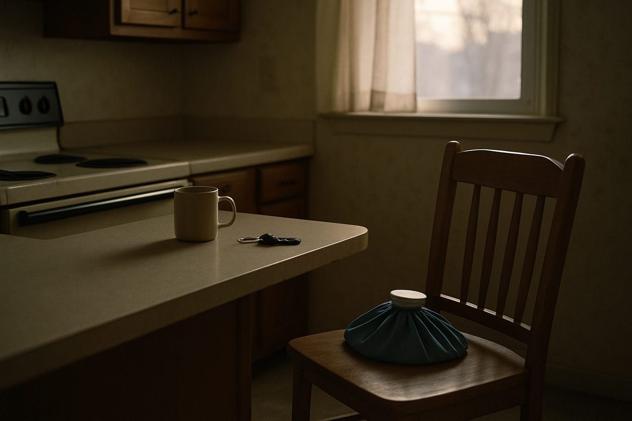A kitchen counter at dawn with a coffee mug and car keys, a wooden chair pulled out with an ice pack resting on its seat