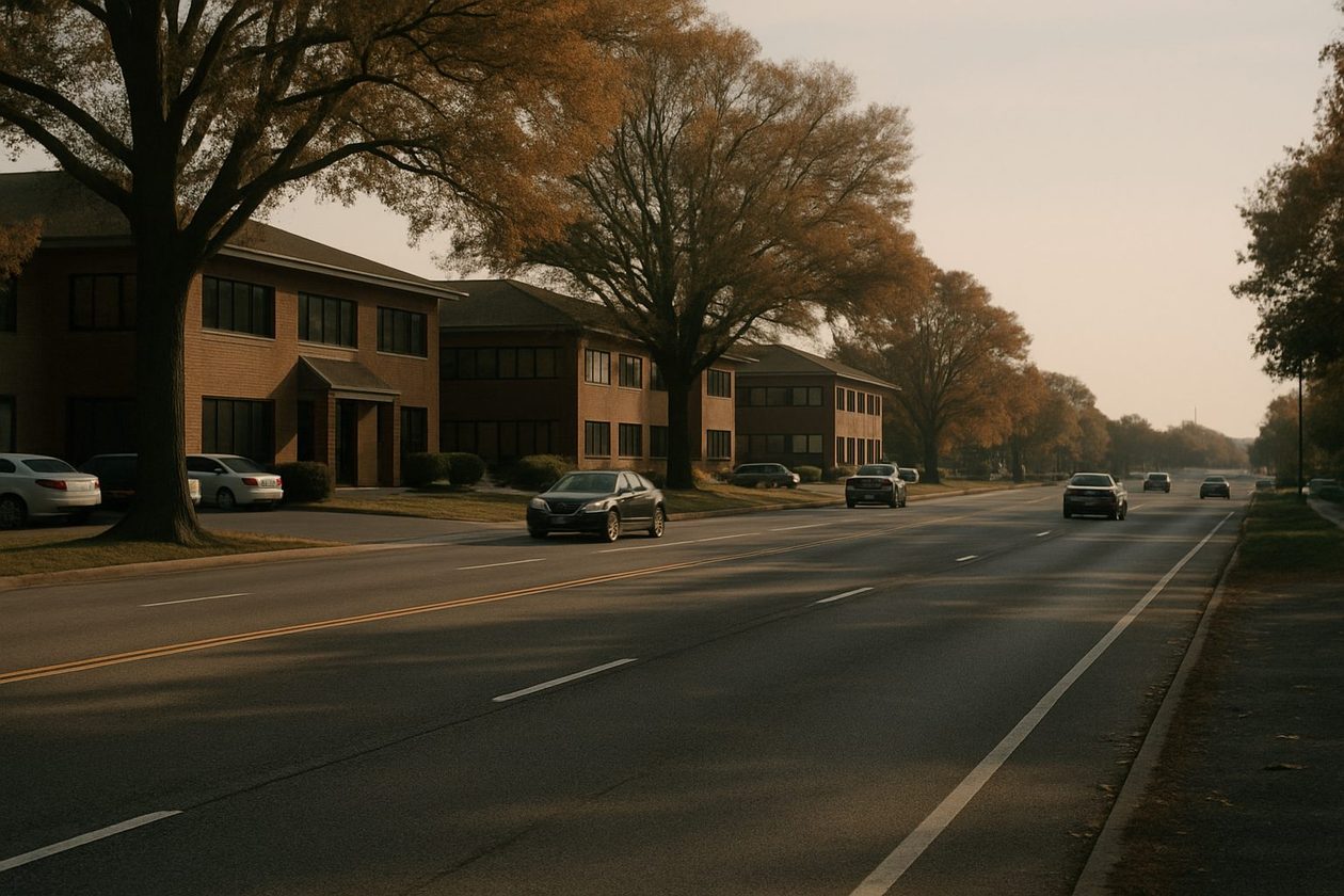 A four-lane suburban commercial road in south St. Louis County in afternoon light, brick two-story office buildings and mature oak trees along the curb