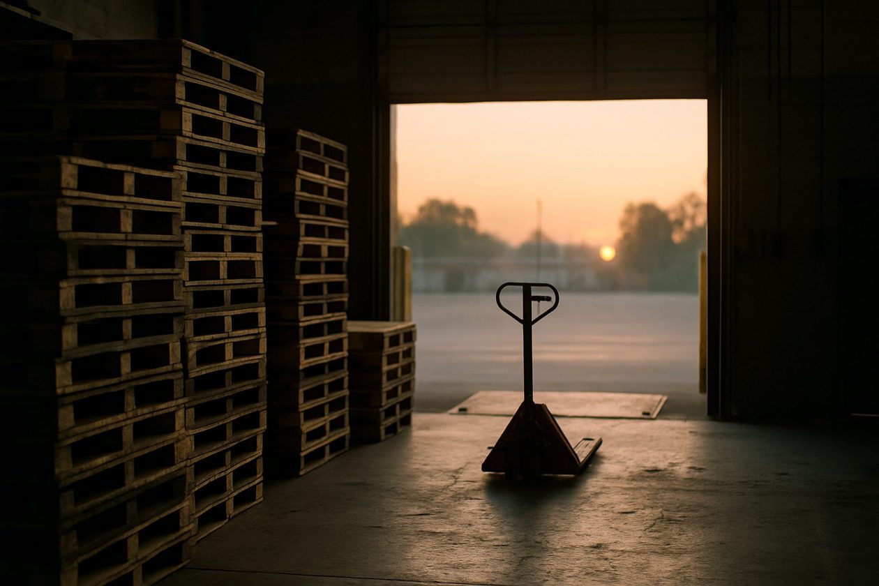 A loading dock at dawn with stacked wooden pallets, a pallet jack on the concrete floor, and sunrise light coming through the open bay door